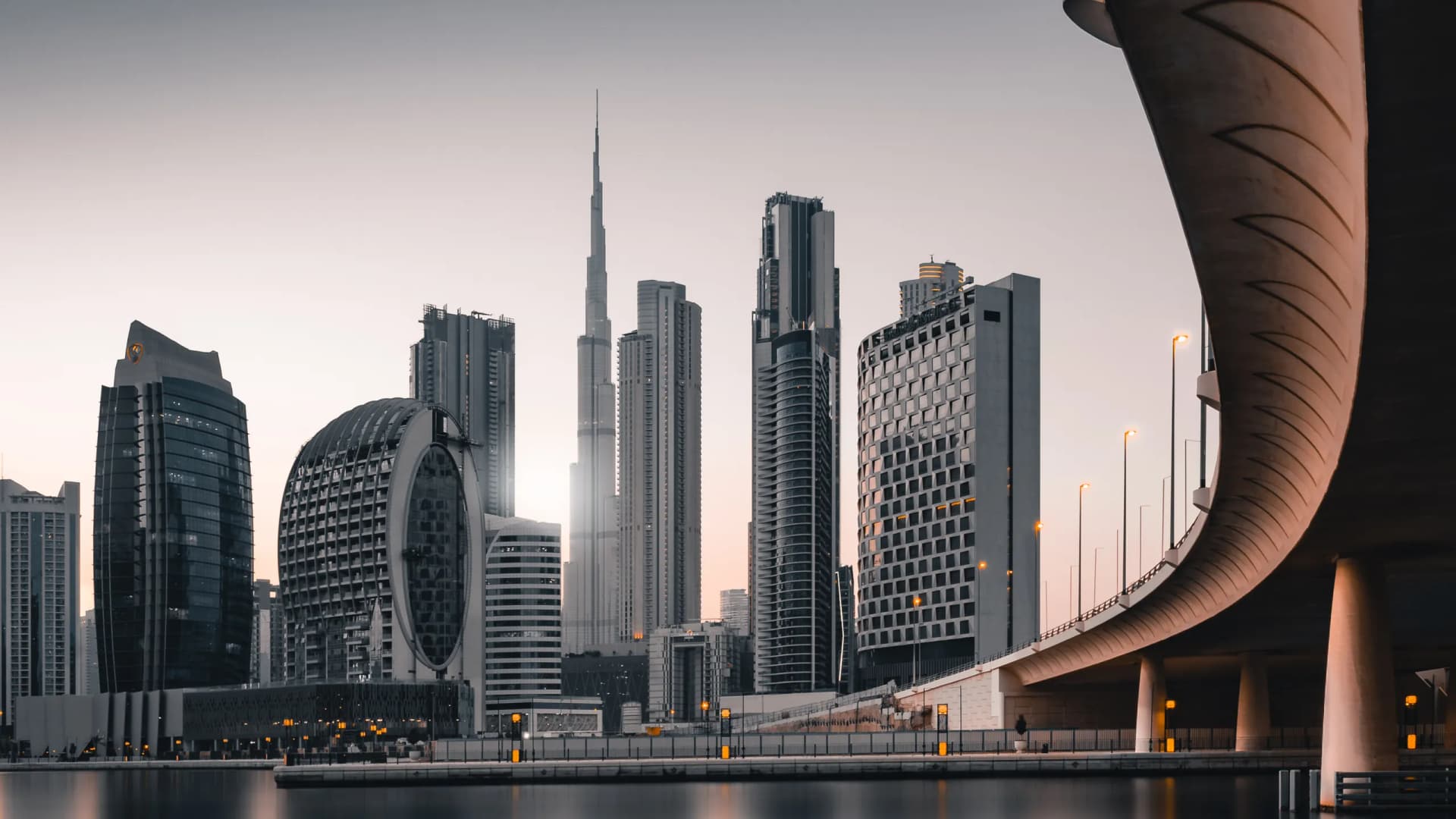 Dubai skyline with the Burj Khalifa, seen across the water